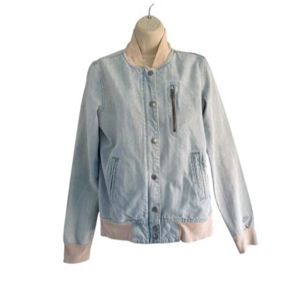 Nike Women's Sz M Destroyer Denim Bomber Jacket Light Blue W/ Contrast Tan Trim
